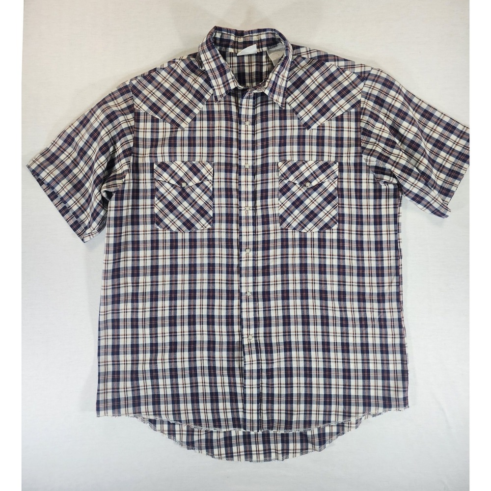 Western Frontier Pearl Snap Shirt Mens L Short Sleeve Plaid Country Blue Cotton